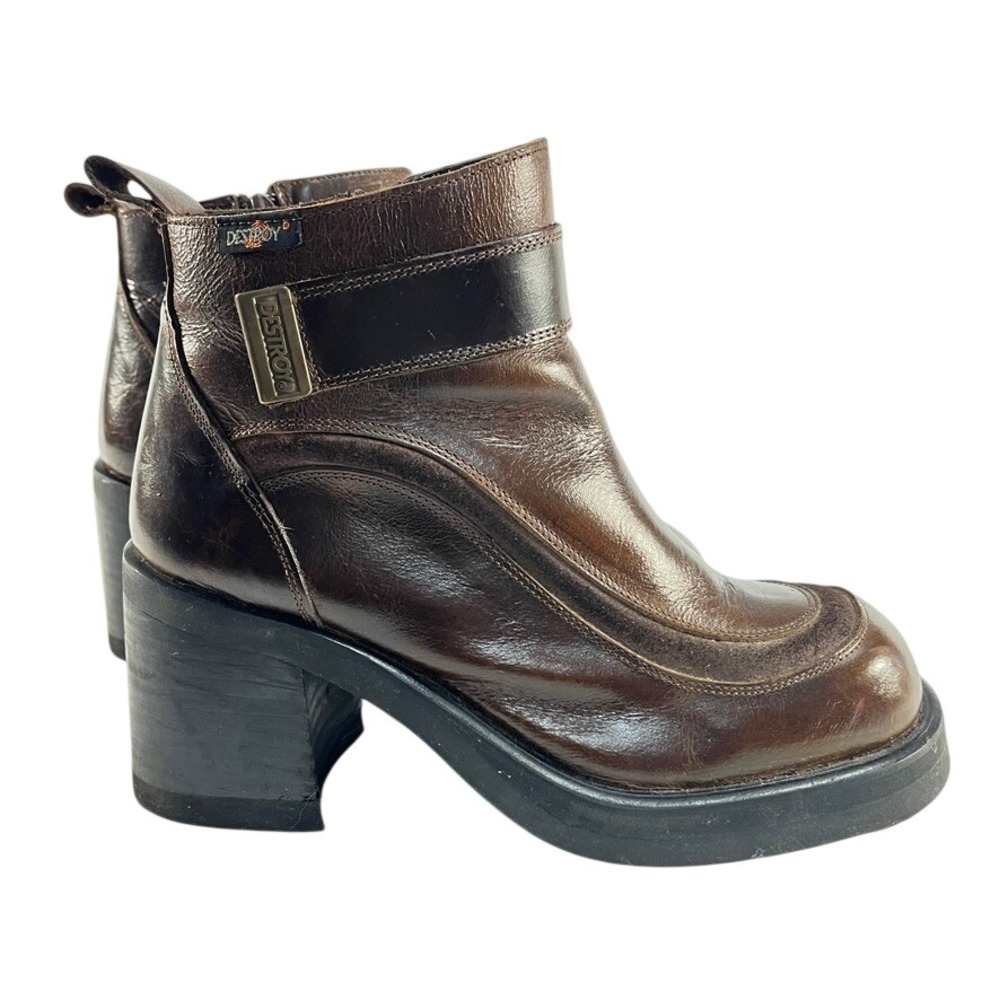 Vintage DESTROY Brown Leather Platform Ankle Boots Y2K Chunky Heel Spain 39